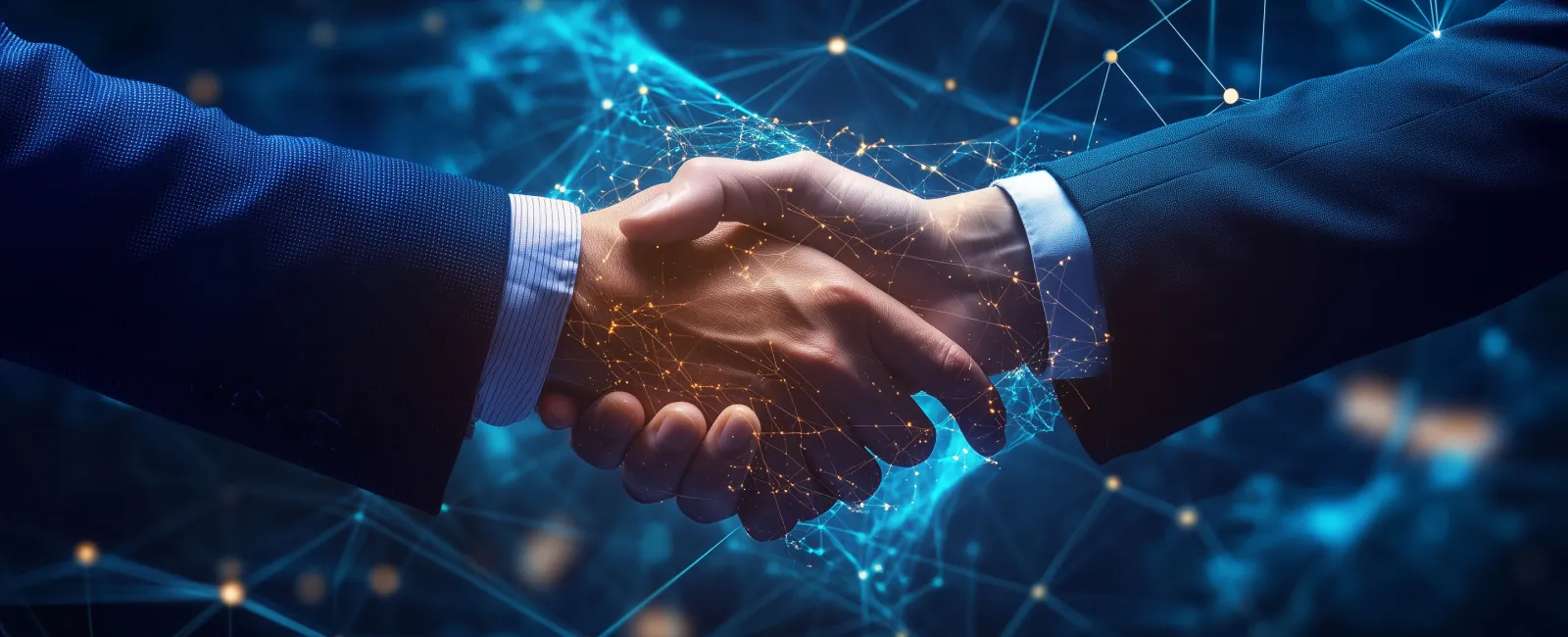 Two business professionals shaking hands with digital network connections symbolizing partnership and technology.