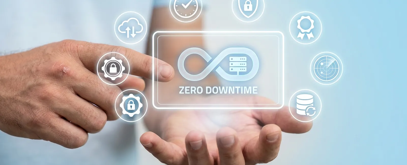Hands interacting with a digital interface showing zero downtime and security icons for continuous operation.