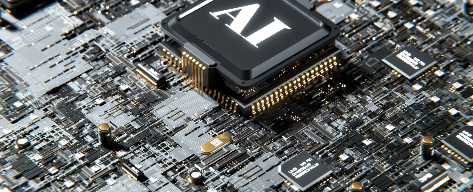 Close-up of a circuit board with a central AI chip surrounded by electronic components and connections.