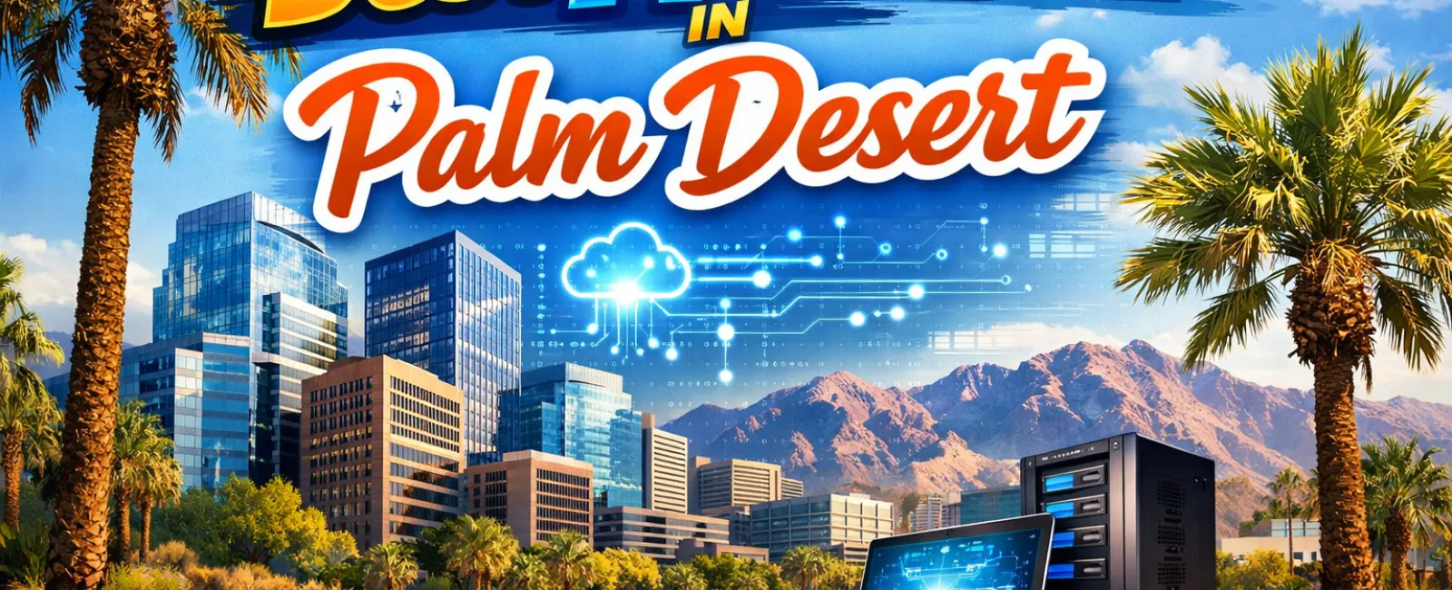 Tech-themed image promoting best IT companies in Palm Desert with cityscape, laptop, server, and palm trees.