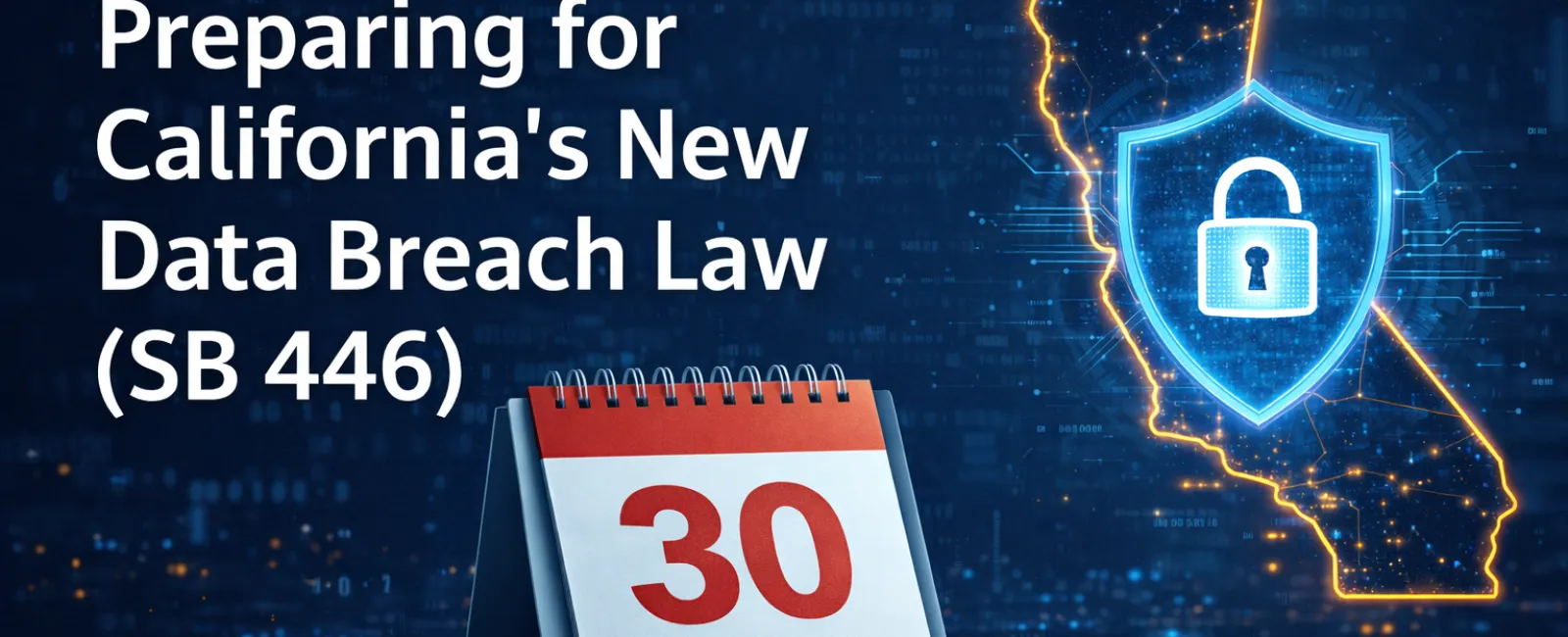 Countdown calendar showing 30 days with a glowing California map and shield lock symbol for new data breach law SB 446.