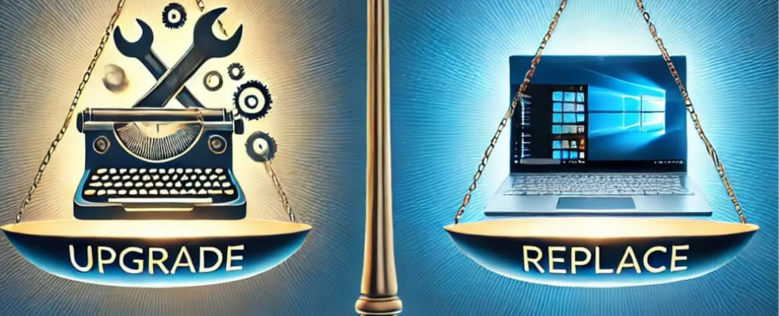 Golden balance scale comparing upgrade with tools and replace with a modern laptop on blue background