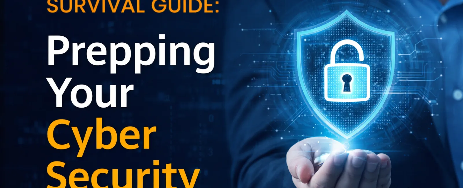 Businessman holding a digital shield with a padlock representing cybersecurity for small business survival in 2026.