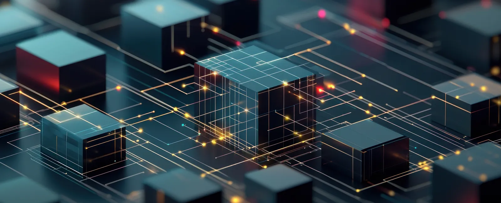 Abstract digital landscape featuring glowing cubes and intricate lines of light.