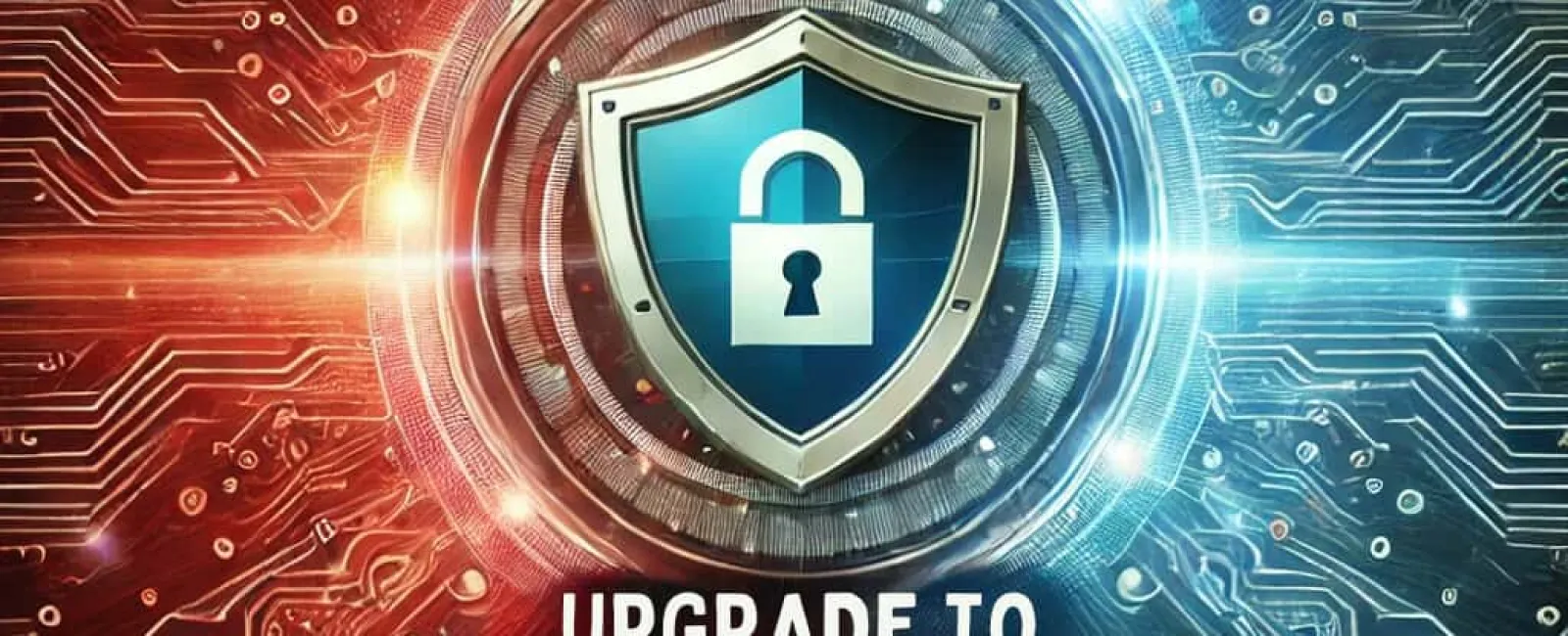 Shield with lock symbol surrounded by digital circuitry and light effects, text Upgrade to Proactive IT below.