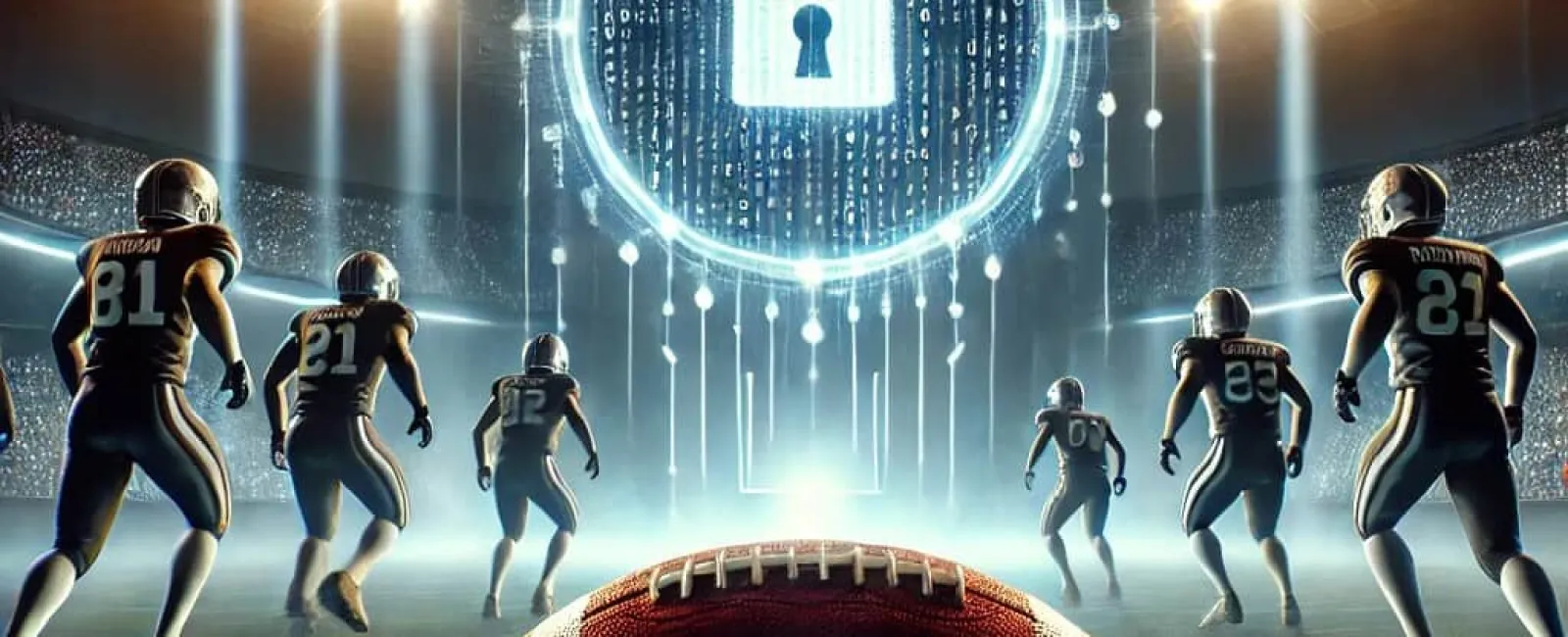 Football players on field facing digital lock symbol glowing above game ball under stadium lights
