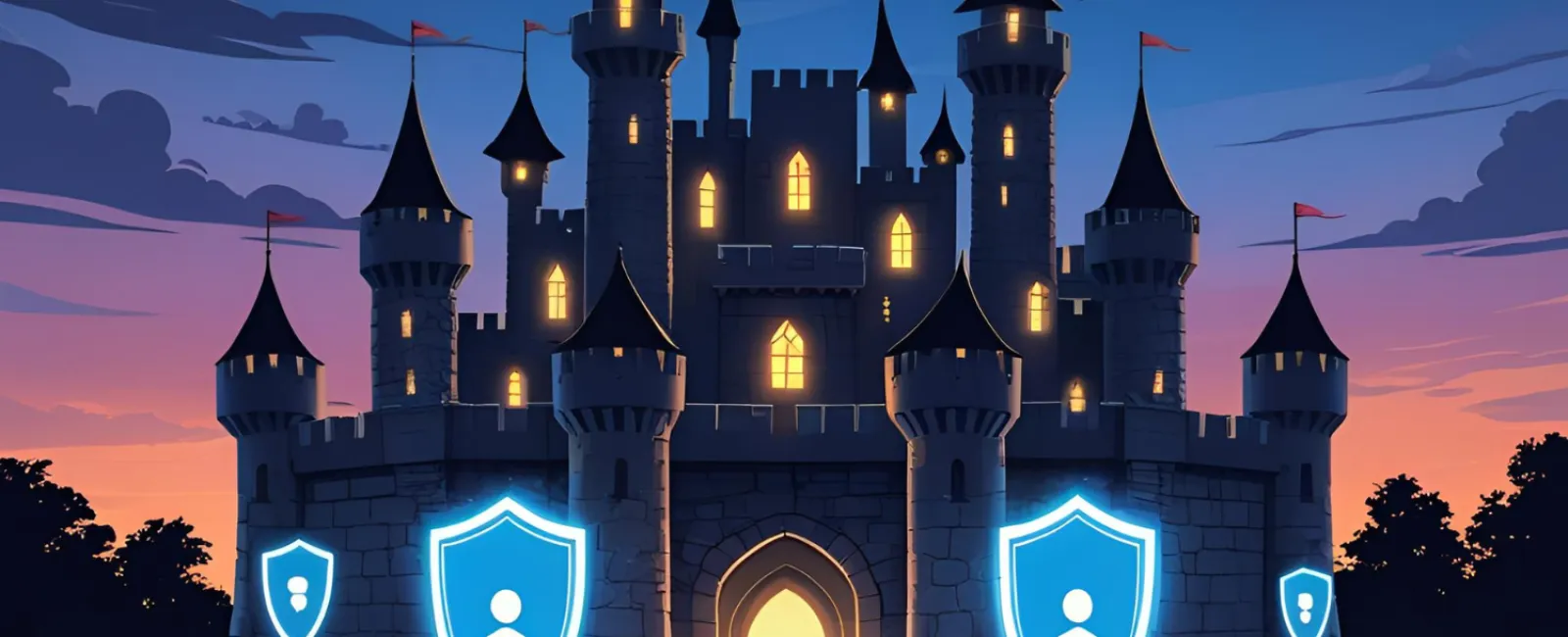 Medieval castle illuminated at dusk with glowing blue security shields representing cybersecurity defense