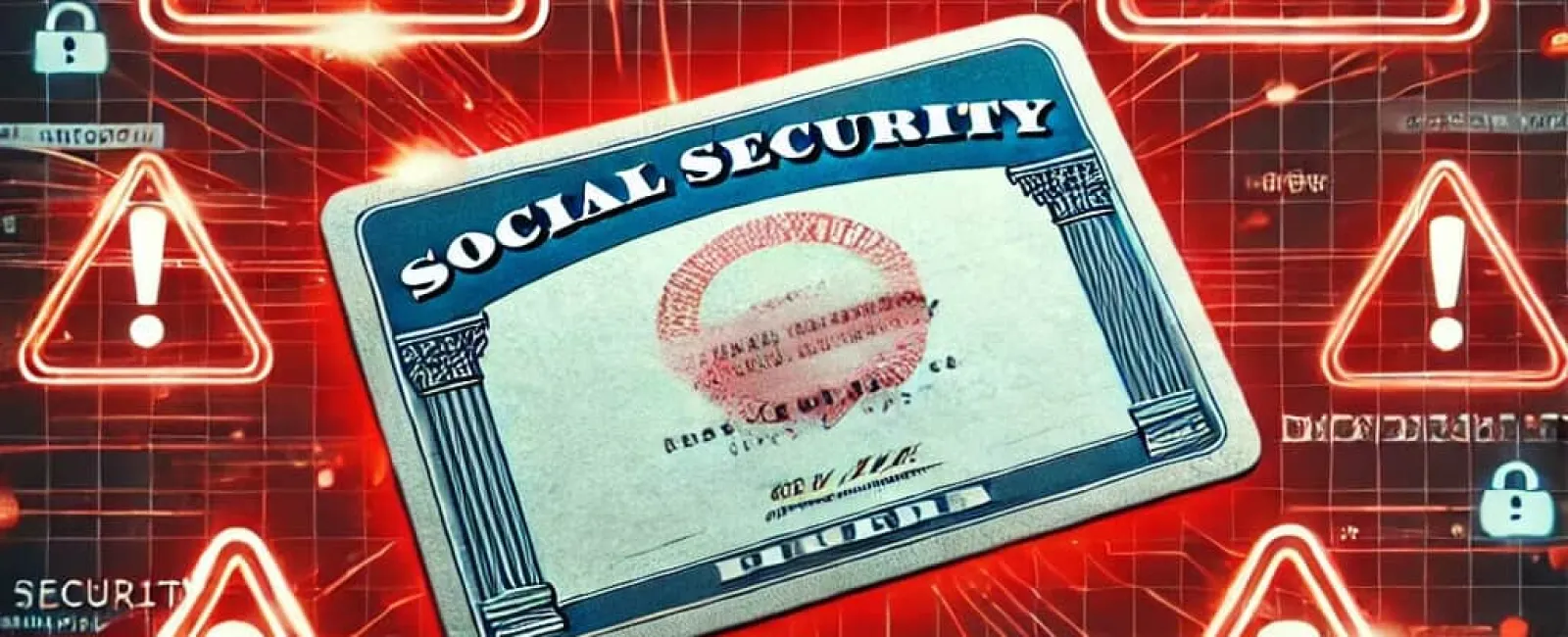 Social Security card surrounded by warning signs and padlocks symbolizing data breach and security threats.