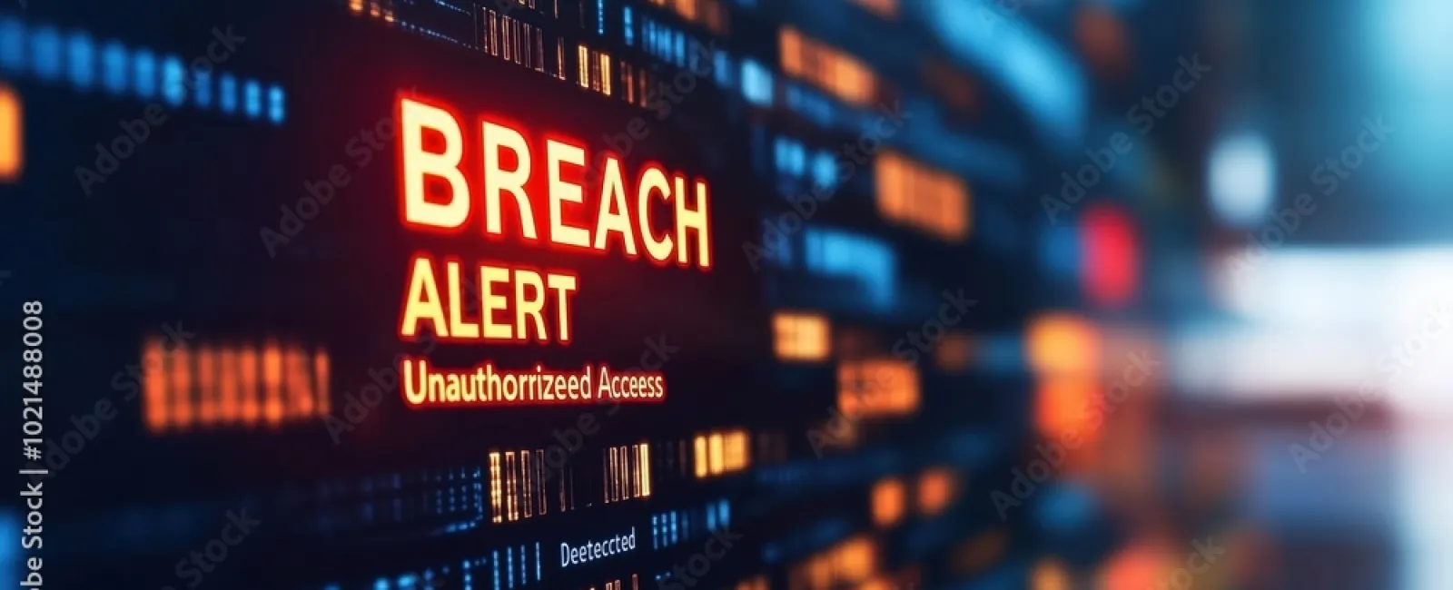 Bright red breach alert warning of unauthorized access on a digital data screen with blue and orange details.