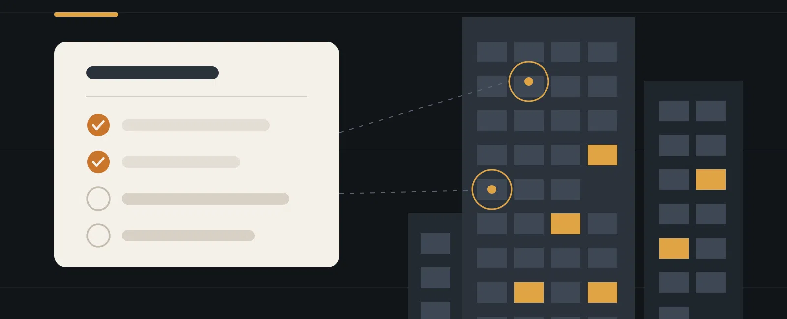 Checklist with completed tasks connected to specific windows in a group of dark office buildings.