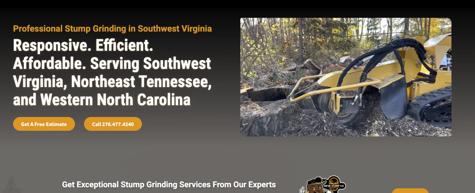 Yellow stump grinding machine removing tree stump in wooded outdoor area during daytime.