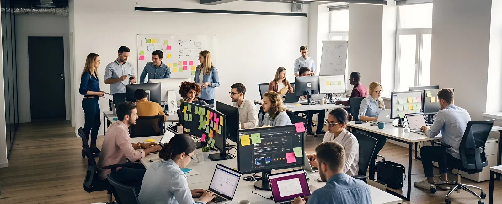 Modern office with diverse team collaborating at desks with computers and sticky notes during workday.