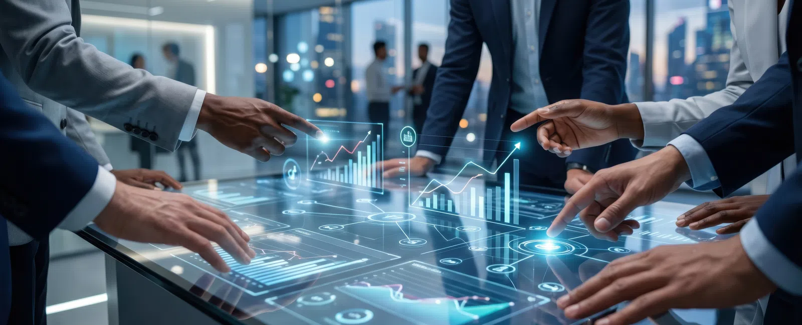Business professionals interacting with futuristic digital data and graphs on a transparent touchscreen table in office.