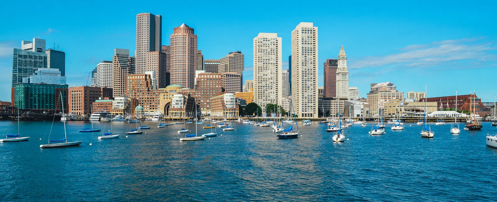 Sailboats anchored in calm harbor waters with a city skyline featuring skyscrapers under a clear blue sky.