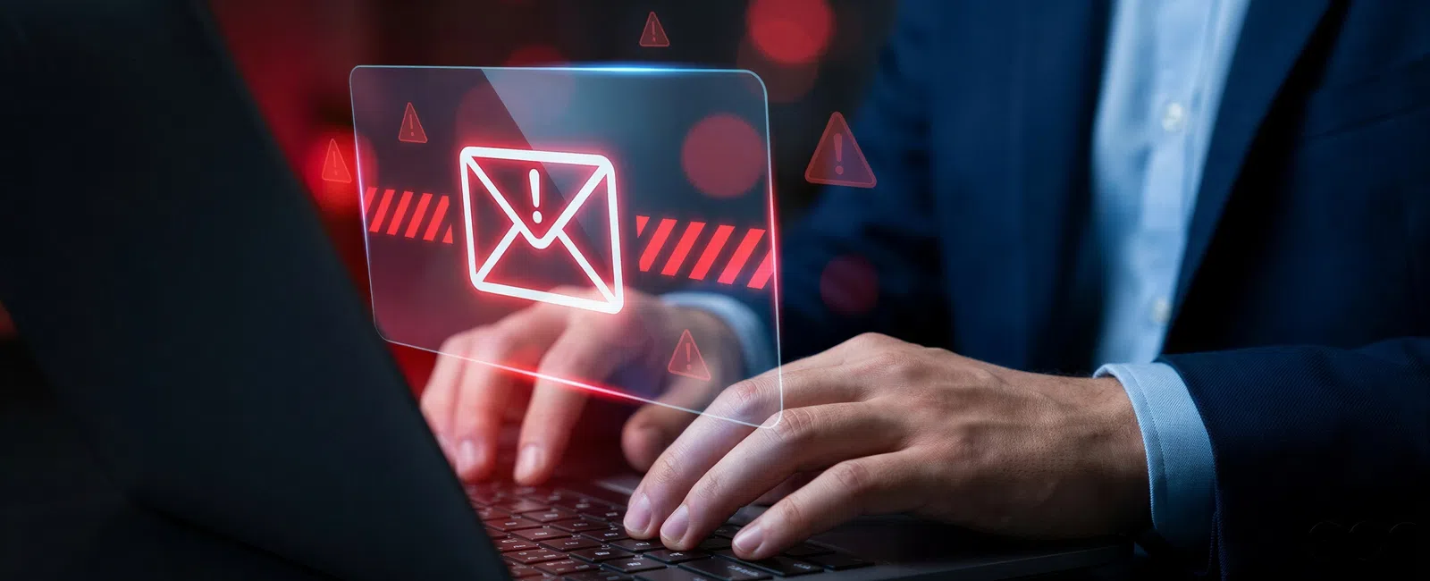 Person typing on laptop with a red warning email alert hologram indicating a security threat or phishing attempt.