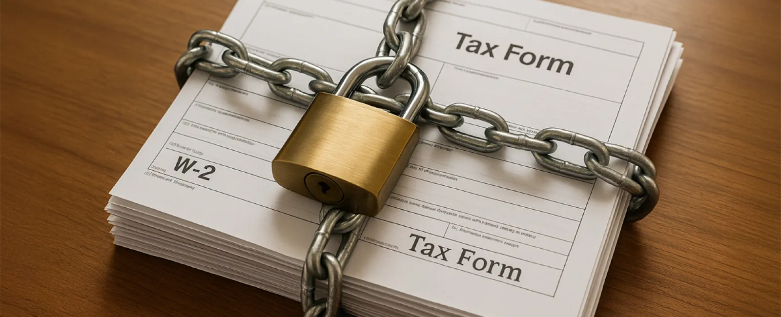 Stack of tax forms secured with metal chain and brass padlock on wooden surface.
