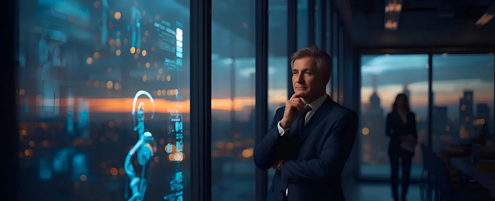Businessman in suit analyzing holographic AI robot interface in modern office at dusk.