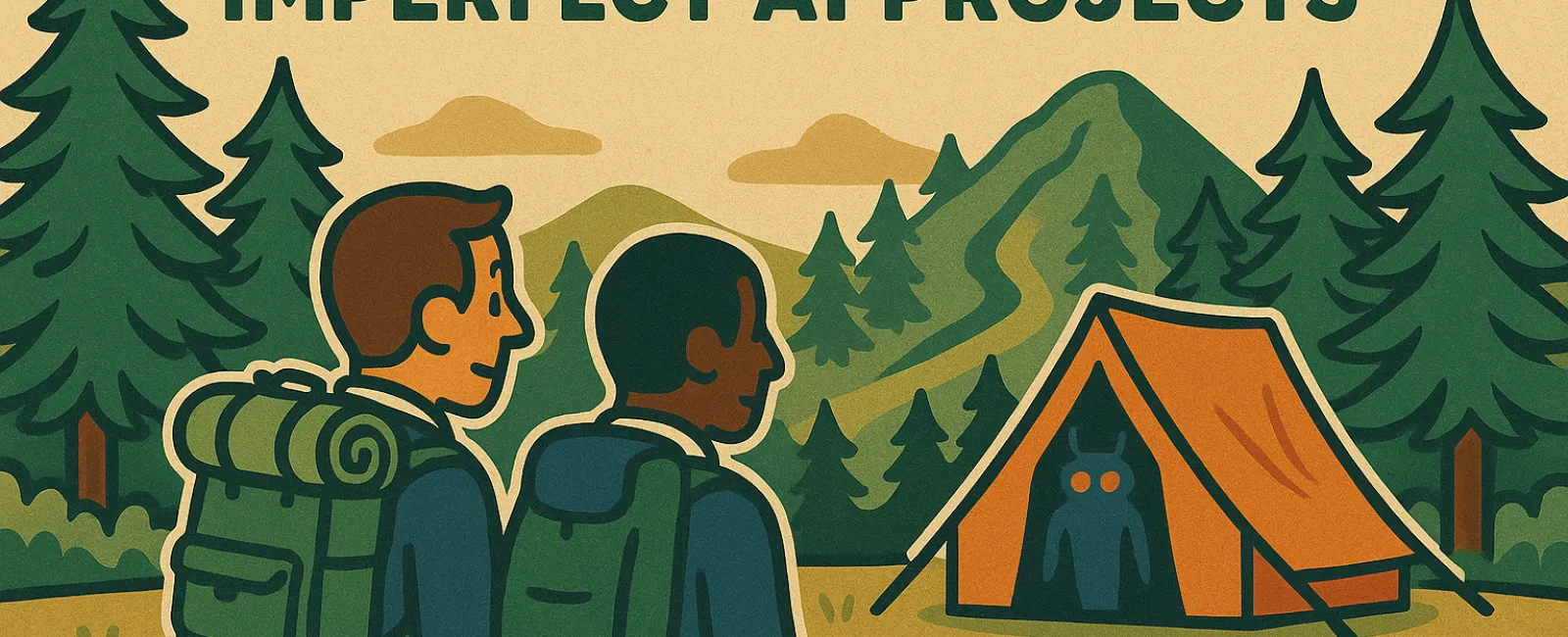 Two hikers with backpacks look at a glowing-eyed creature inside an orange tent in a forest with mountains.