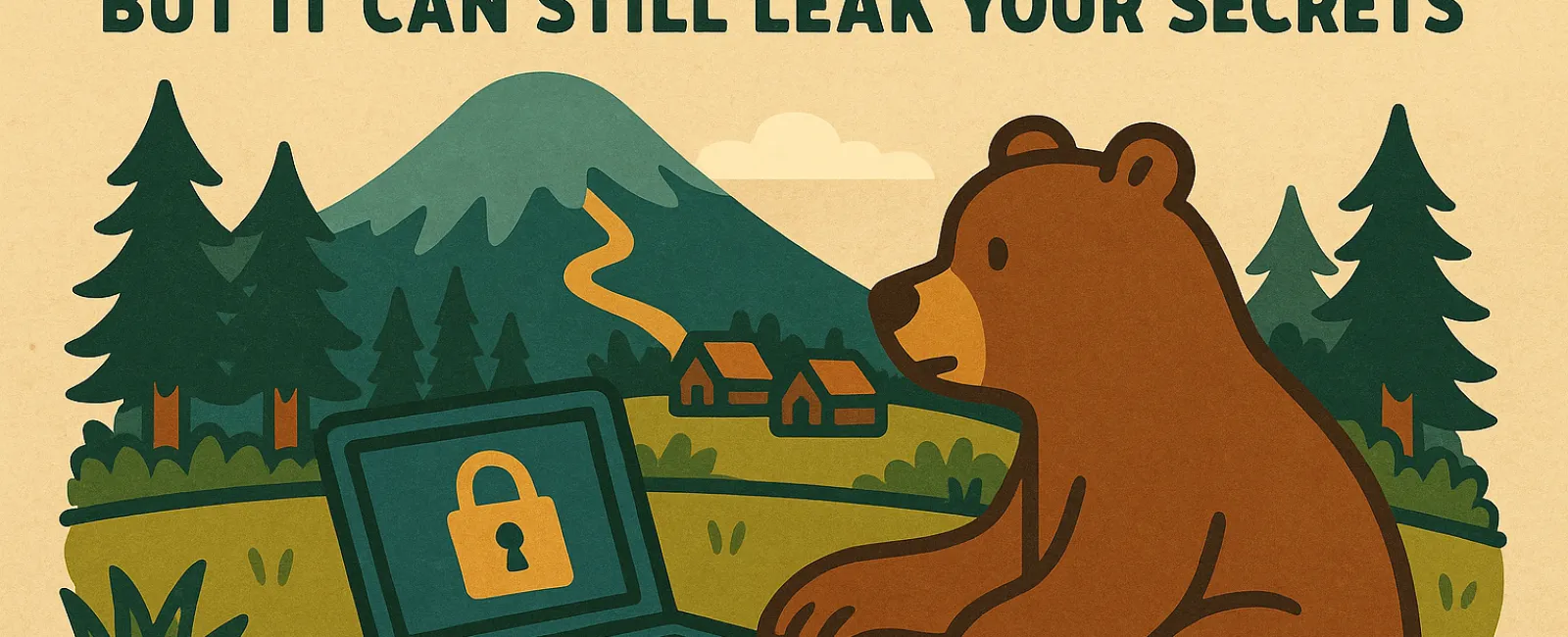 Illustration of a bear with a laptop displaying a lock symbol and the text about AI leaking secrets in a forest setting.