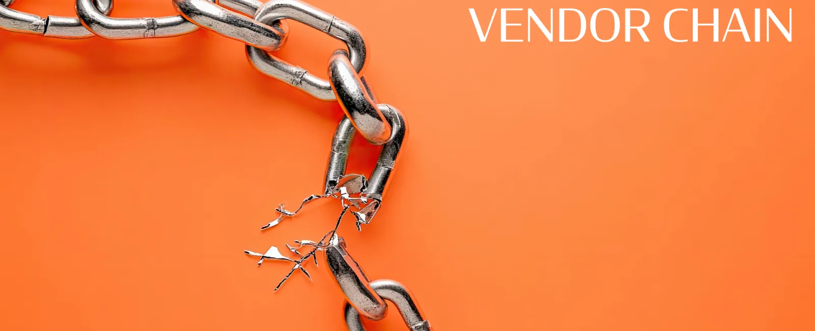 Close-up of a broken chain link symbolizing risk in vendor supply chains on an orange background
