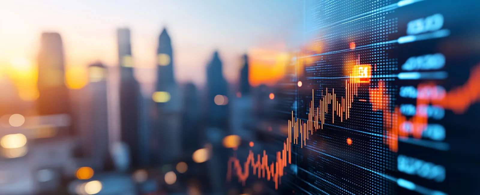 Digital stock market graph with rising orange line in front of a blurred city skyline at sunset