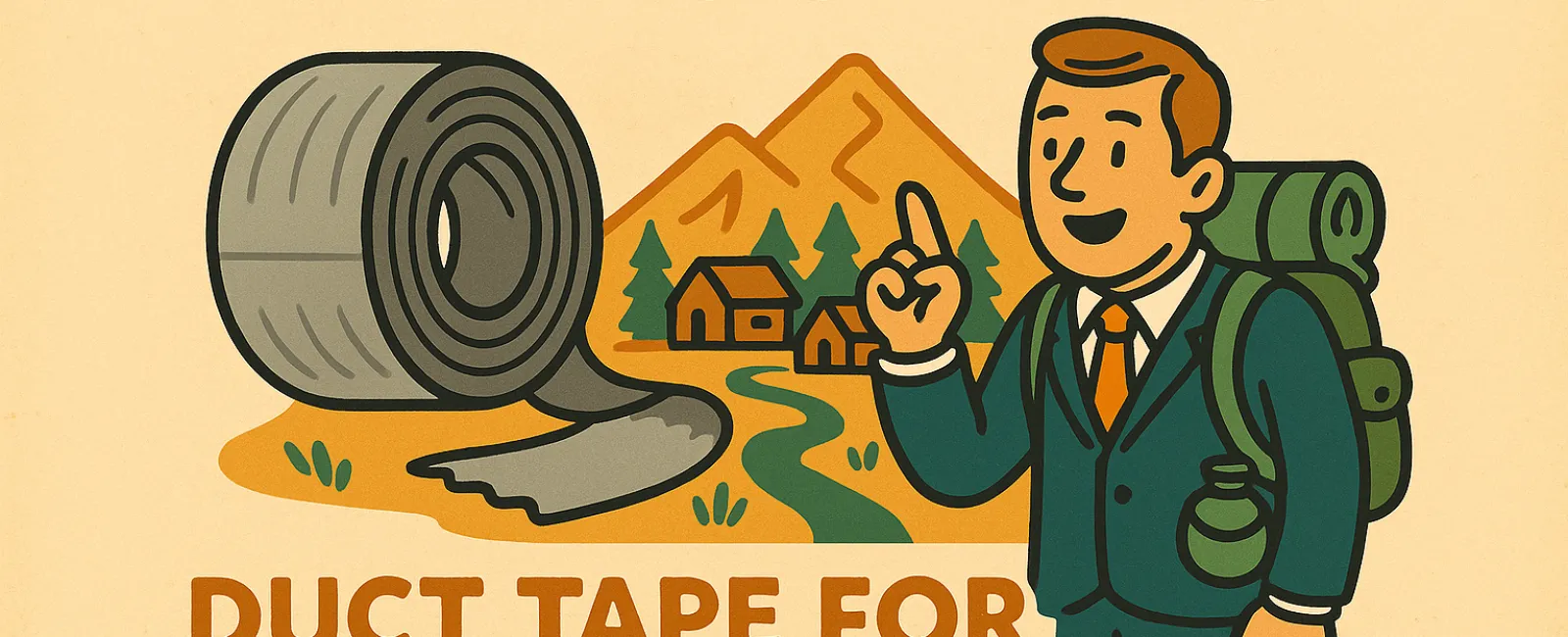 Illustration of a businessman with backpack and duct tape roll, mountains, and houses with text about productivity coding vibe.