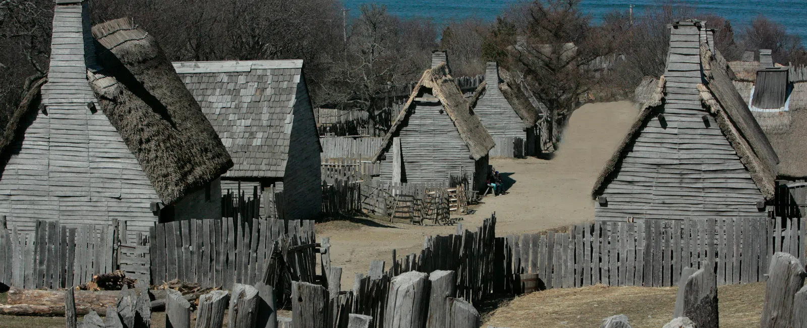 Historic wooden colonial village with thatched roofs by the sea under a clear blue sky.