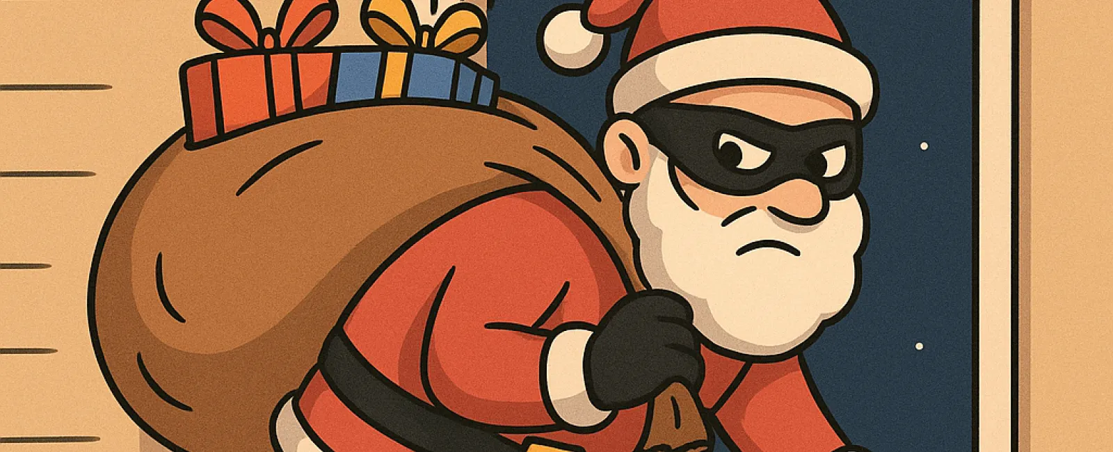 Cartoon of Santa Claus wearing a mask sneaking out of a window with a sack of gifts at night.