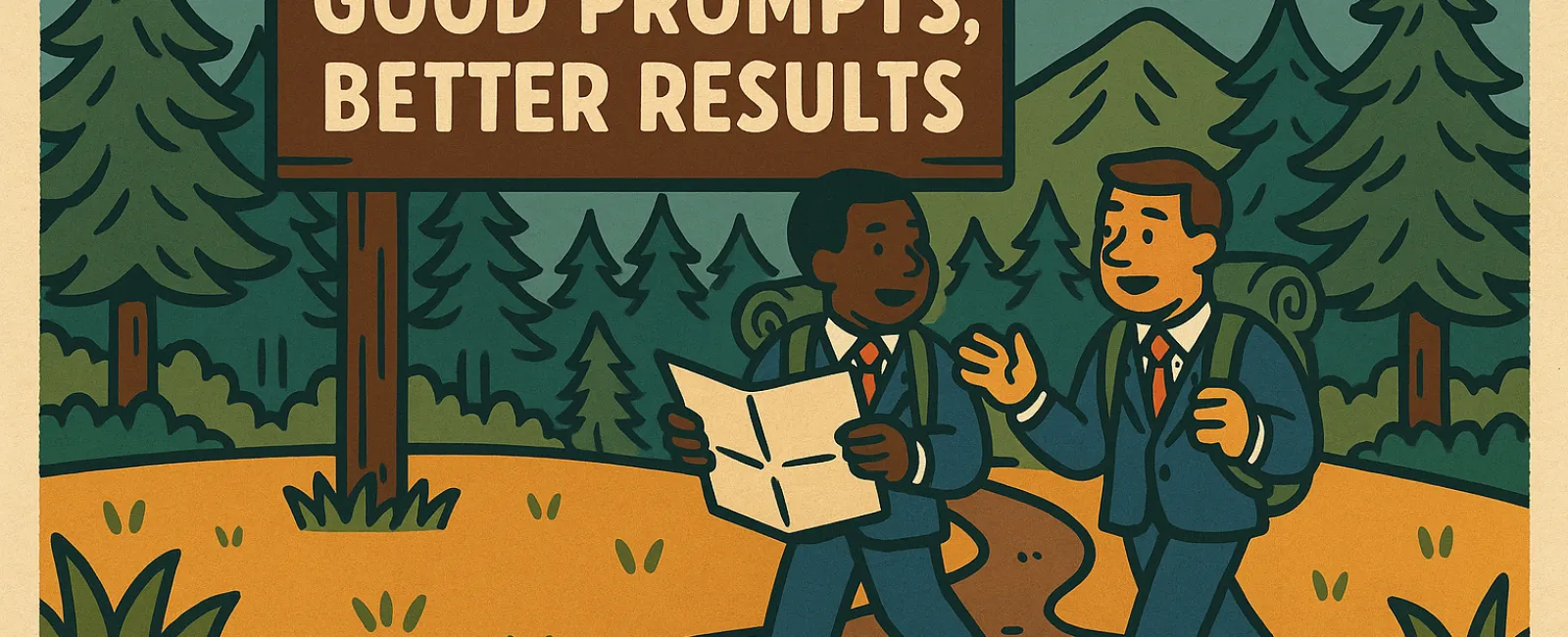 Two businessmen hiking on a forest trail under a sign that reads Good Prompts, Better Results with backpacks and a map.