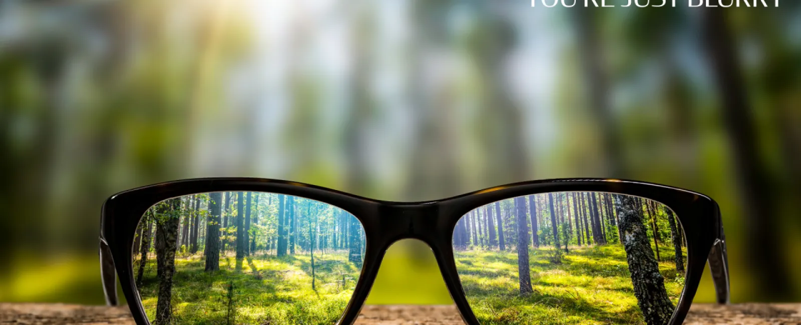 Clear forest scene visible through eyeglasses contrasting with blurred background and motivational quote.