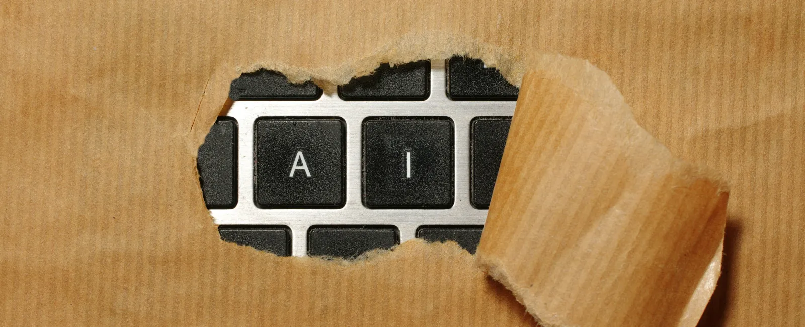 Keyboard keys A and I revealed behind torn brown paper, symbolizing AI technology and innovation.