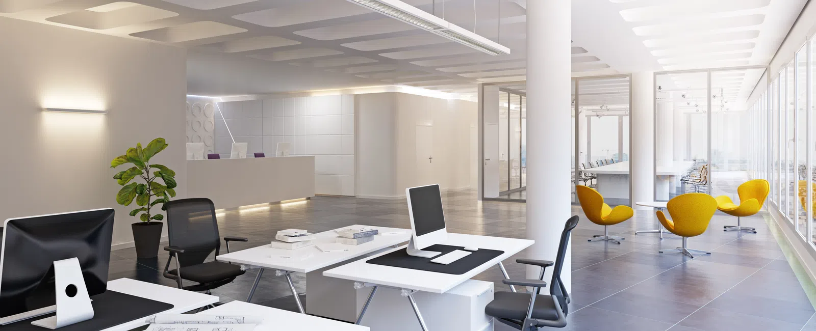Modern bright office interior with white desks, black chairs, yellow lounge chairs, and large windows.