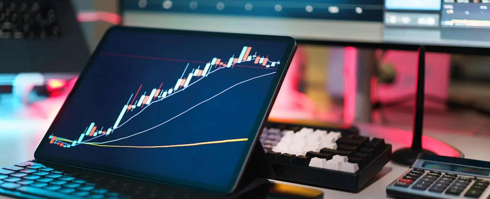 Tablet showing rising stock market graph with keyboard and calculator on desk in trading setup.