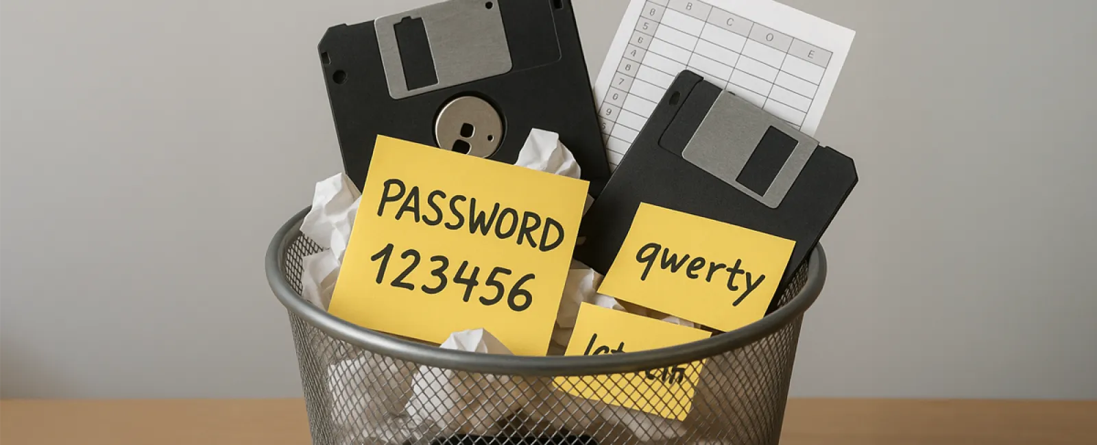Trash bin with old floppy disks and sticky notes showing weak passwords like 123456 and qwerty.