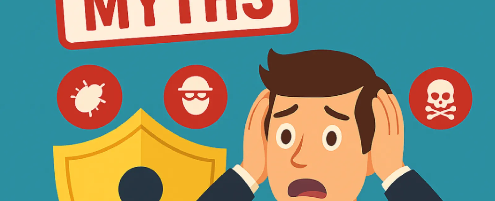 Worried business man with myths text and security icons around a keyhole shield symbolizing cybersecurity myths.