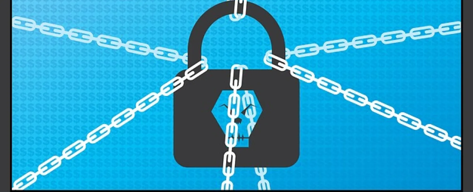 Computer monitor displaying a locked padlock secured by chains symbolizing cybersecurity and data protection.