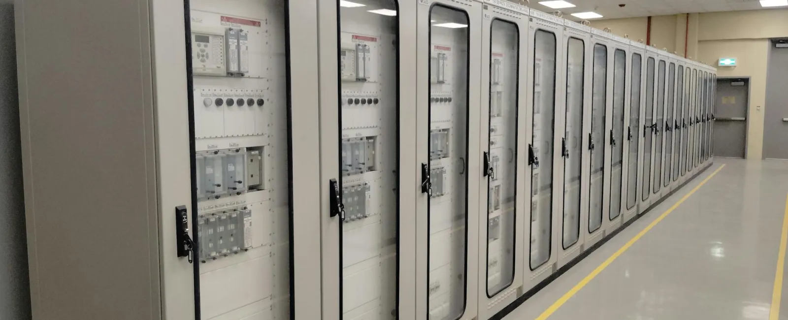 Row of industrial electrical control panels with transparent doors in a clean utility room.