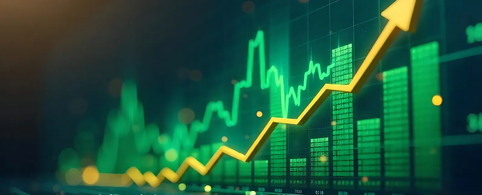 Green financial chart with bright yellow upward arrow indicating growth and positive market trends.