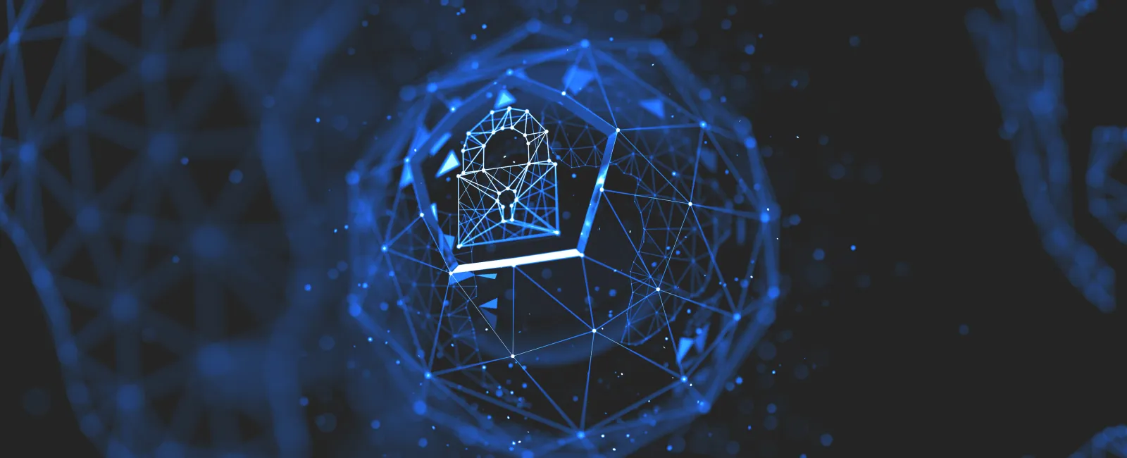 Blue digital lock symbol within a network sphere representing cybersecurity and data protection concepts.