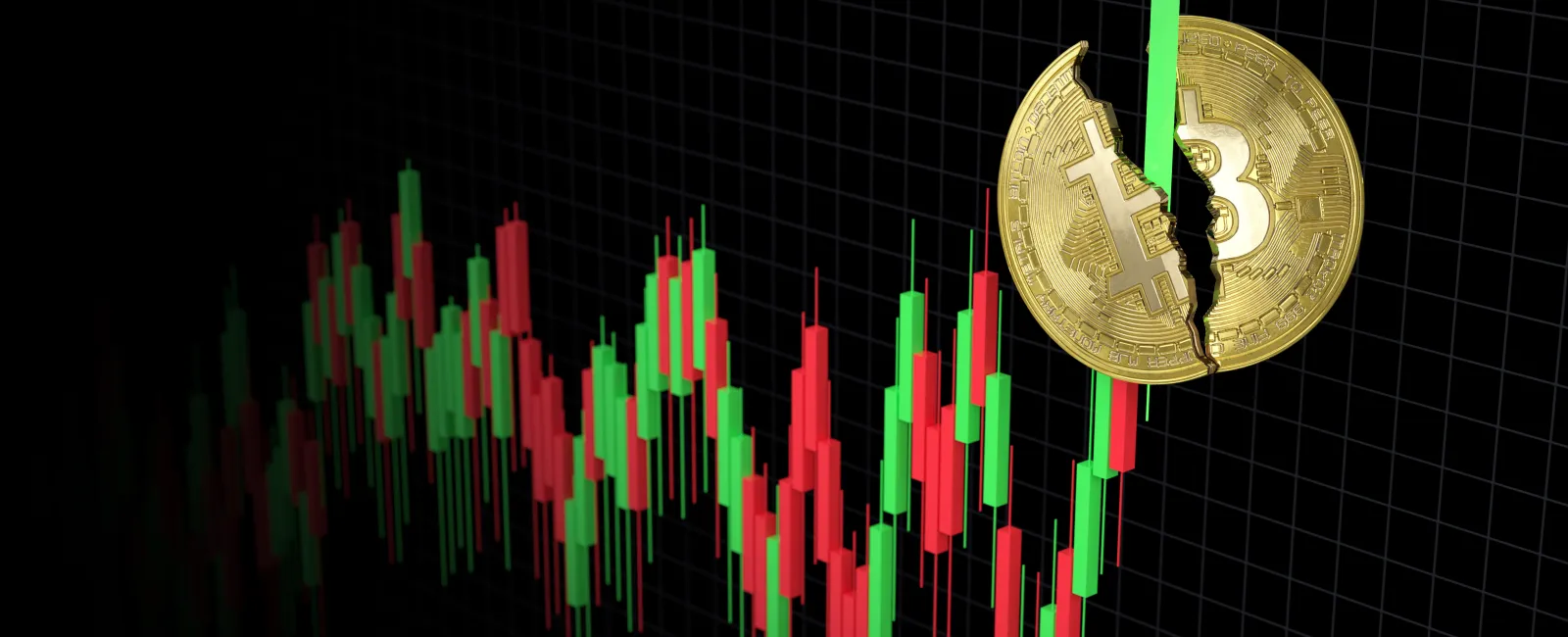Cracked Bitcoin coin over a volatile red and green candlestick cryptocurrency trading chart on black background