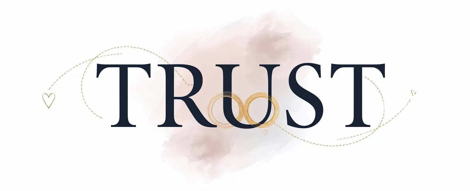 The word TRUST with two gold wedding rings and a delicate heart swirl on a soft pink watercolor background.