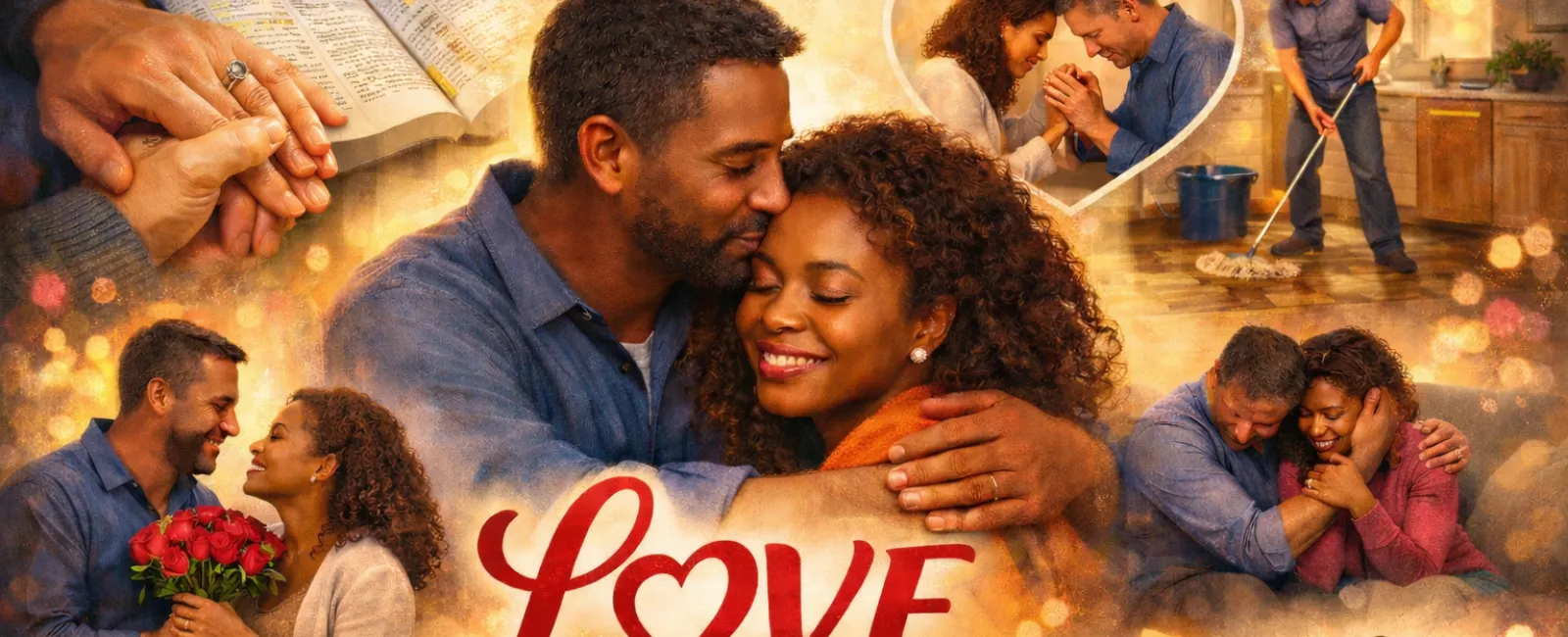 Couple expressing love through hugs, holding hands, flowers, forgiveness, and shared moments in a warm, glowing setting