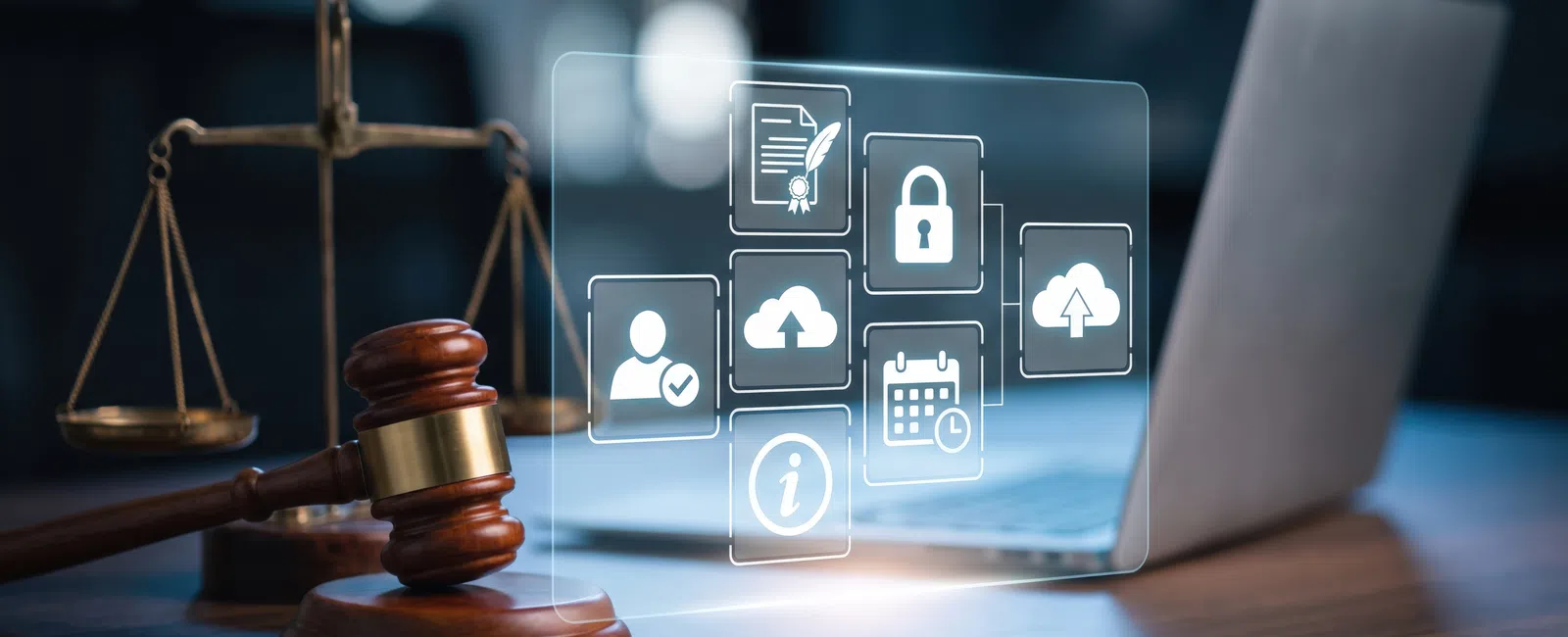Legal gavel and scales next to laptop with floating digital legal and security icons interface.