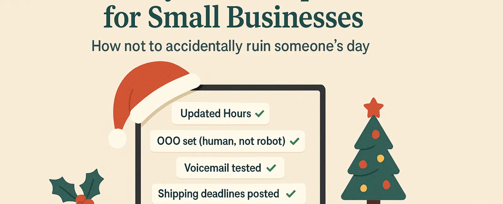 Holiday tech etiquette tips for small businesses displayed on a laptop with festive decorations around.