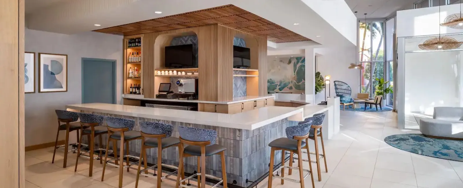 Hyatt Place Custom Bar Finishes, including Countertops, Wood Focal Wall, and Ceiling