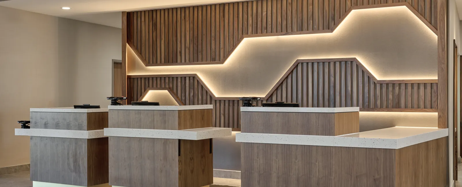 Marriott Courtyard & Residence Inn Dual Brand Custom Front Desk Millwork and Quartz Countertops