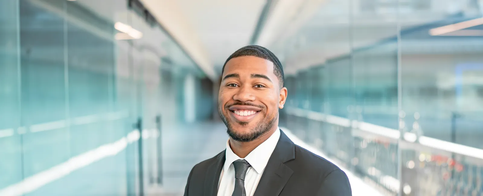 Smiling young businessman wearing a black suit and tie standing in a modern glass office corridor.