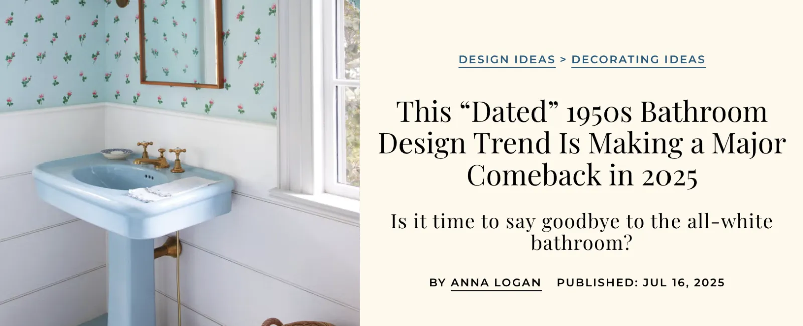 1950s style bathroom with pastel blue pedestal sink, floral wallpaper, brass fixtures, and natural light