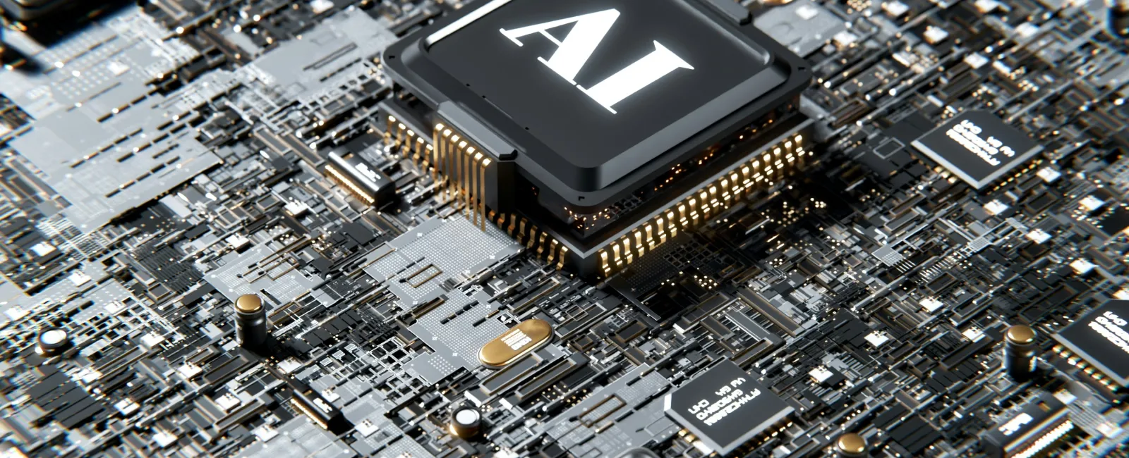 Close-up of a computer circuit board featuring a central AI chip with surrounding electronic components and connections.