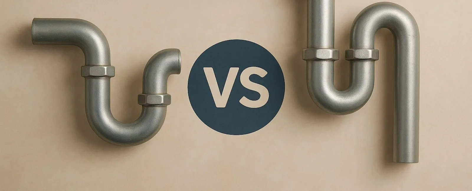 Two different metal pipe shapes positioned on either side of a circular VS symbol on a beige background.
